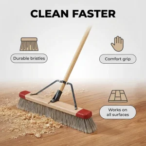 Heavy Duty 24″ Outdoor Deck Brush With Steel Bracket, Sustainable FSC Wood Push Broom For Garden Patio & Garage Cleaning