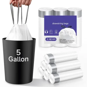 Heavy Duty 5 Gallon Trash Bags Drawstring Pre Cut Strong Wastebasket Bin Liners White Garbage Bags for Home Office