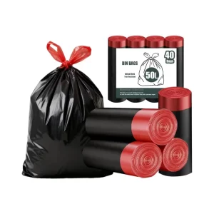 Heavy-Duty Black Bin Bags 50L Bin Liners with Drawstring Handles Swing Rubbish Bags Kitchen Trash Bags Waste Sacks