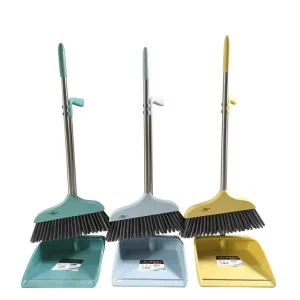 Heavy Duty Broom and Dustpan Set with Stainless Iron Handle Built-in Cleaning Comb for Hair Filtering Professional Cleaning Kit