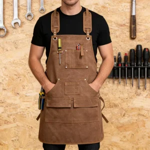 Heavy Duty Canvas Work Apron with Multiple Pockets Crossback Tool Apron for Mechanics Craftsmen DIY Enthusiasts