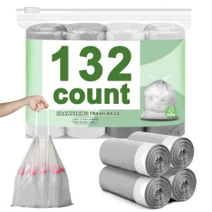 Heavy Duty HDPE Small Drawstring Bin Liners 4 Gallon Tear Free Unscented Waste Trash Bags for Household Use