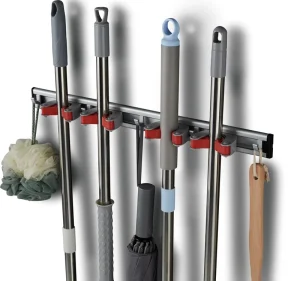 Heavy-Duty Mop and Broom Holder Factory Aluminum Gripper Wall Mounted Tools Organizer 4 Holders 5 Hooks Rack