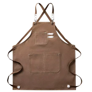 Heavy Duty Polyester Cotton Canvas Camel Bib Apron with Custom Embroidered Logo Cross Back Straps for Baristas Restaurant Staff