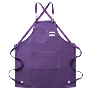 Heavy Duty Polyester Cotton Canvas Purple Adult Sleeveless Apron Custom Logo Embroidery Adjustable Waist Multiple Pockets