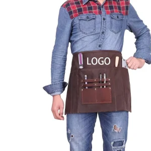 Heavy Duty Washable Reusable Waxed Canvas Waist Half Apron with Leather Pockets for Chefs Baristas Craftsmen Woodworking