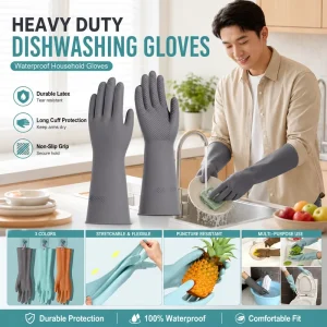 Heavy Duty Waterproof Non Slip Grip Long Cuff Durable Latex with Hanging Hook Multi Purpose Household Dishwashing Gloves