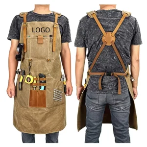 Heavy Duty Waxed Canvas Work Apron with Multiple Tool Pockets Leather Trim Cross Back Apron for Carpenter Maintainer