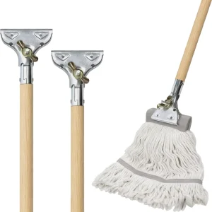 Heavy-Duty Wooden Handle Mop with Metal Clamp Head Commercial Grade for Industrial Floor Cleaning Quick-Change Cotton Yarn Head