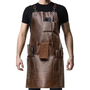 Heavy Duty Woodworking PU Leather Apron with Reinforced Tool Pockets Durable Work Apron for Carpenter Blacksmith BBQ