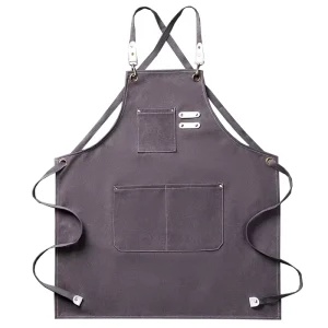 Heavy Gray Cotton Canvas Apron with Custom Logo Size Packaging for Commercial Use Cross Shoulder Straps Durable