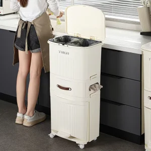 High Aesthetic Appeal Household Kitchen Waste Bin Large Capacity Three-Layer Press-Type Lid Dry Wet Separation Kitchen Trash Can