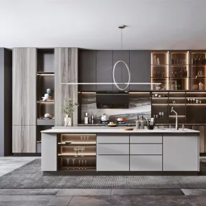 High End Gray Kitchen Space Quartz Countertop + Built In Appliances Large Apartment Kitchen Design Solution