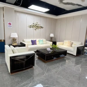 High Gloss Ebony Panelled Sofa Set Luxurious Cream Leather Couch with Geometric Art Deco Detailing for Villa & Hotel Lounge