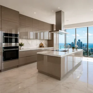 High-Gloss Modular Kitchen Cabinets with Marble Island and Built-In Appliances for Apartments and Villas