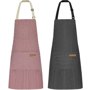 High Quality Custom Soft Adjustable Cooking Chef Aprons Stripe Aprons With 2 Pockets