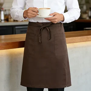 High Quality Reusable Eco Friendly Brown Half Waist Apron 2 Pockets Durable Washable for Restaurant Hotel Bistro Coffee Bar Use