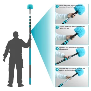High Reach Cobweb Duster Ceiling Broom Telescopic Aluminium Pole Spider Web Cleaner with Cobweb Brush Metal Material