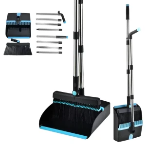 Home Cleaning Folding Windproof Broom and Dustpan Set with Long Telescopic Stainless Steel Handle for Sweeping