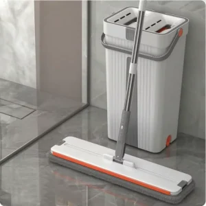 Home Cleaning Set with Self-Mop Bucket Flat Sunshine Hand-Free Floor Head Shape Washable Microfiber Pads Steel Pole