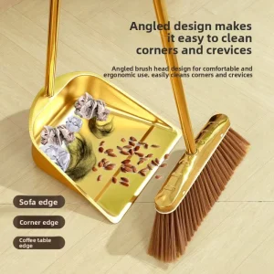 Home Use Thickened Stainless Steel Broom Plastic Wire Head Steel Broomstick Gold Dustpan Outdoor Indoor Garbage Shovel Set