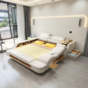 Hot Modern Luxury Bedroom Sets Smart Leather Bed with Storage Massage Function USB Charging Wireless Speaker Up Holstered Bed