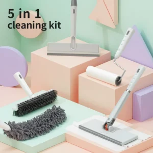 Hot Selling Eco Friendly 5 Piece Cleaning Tool Set with Long Handle Mop Dust Brush Scraper & Broom Self Wringer Multi Functional