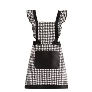Houndstooth Cotton Canvas Princess Apron with Pockets, Cleaning Strap Apron with Ruffles Sleeved for Women