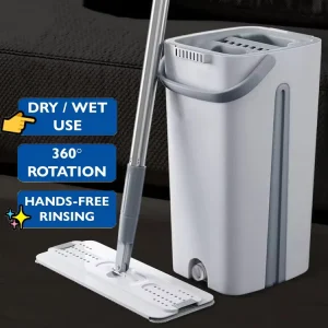 House Cleaning Wet and Dry Hand free Squeeze Type 360 Spin Microfiber Mop Head Plastic Basket Magic Flat Mop Set