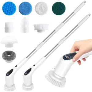 Household Cleaning Cordless Bath Tub Power Scrubber Long Handle 9 Replaceable Heads Eco Friendly PP Cleaning Brush