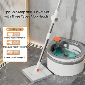 Household Eco Friendly Lightweight <2kg Rotating Mop Bucket 2 Mop Heads Aluminum Pole 90 100% Dehydration Rate 360 Degree