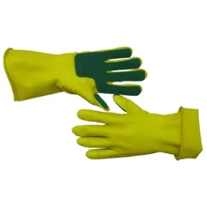 Household Latex Reusable Dishwashing Kitchen Cleaning Gloves, Mittens, Gauntlet, Yellow Scouring Pad