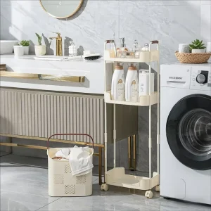 Household Modern Double Multifunctional Foldable Standing Plastic Storage Laundry Basket Rack Wheeled Design Durable Bathroom