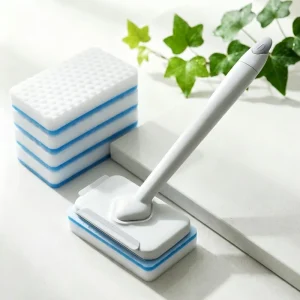 Household Shower Glass Cleaning Brush with Replaceable Nano Magic Sponge Pads Built in Squeegee Long Handle Tile Stain Eraser