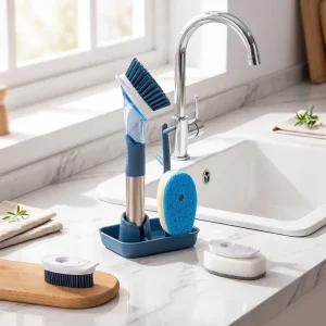 Household Soap Dispensing Dish Brush Set 4 Replaceable Cleaning Heads Kitchen Scrubber with Storage Caddy