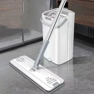 Household White Mop Hand Washing Flat Mop With Bucket Dry and Wet Separation Cleaning Mop With 2 Pieces Mopheads