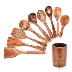 IDEALKITCHEN 9 Piece Acacia Wood Kitchen Utensil Set Dishwasher Safe Custom Logo Available