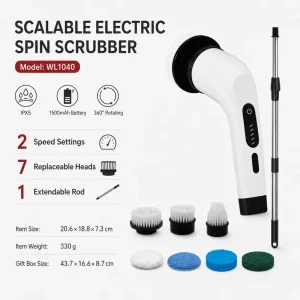 IPX5 Waterproof Electric Spin Scrubber Rechargeable Cordless Cleaning Brush 7 Heads Extendable Rod Electric Cleaning Brush