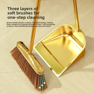 Indoor Outdoor Home Use Thickened Stainless Steel Broom and Dustpan Set with Plastic Wire Broom Head Gold Steel Broomstick