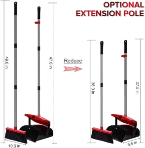 Indoor Red Soft Hair Broom and Dustpan Combo with Self Cleaning Teeth and Long Handle Upright Standing Design