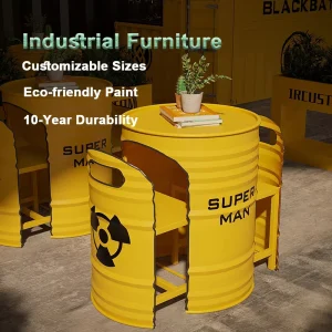 Industrial Metal Panel Cafe Table and Chair Set 2-Seater Outdoor Dining Furniture for Home Bar and Gym Oil Barrel Style
