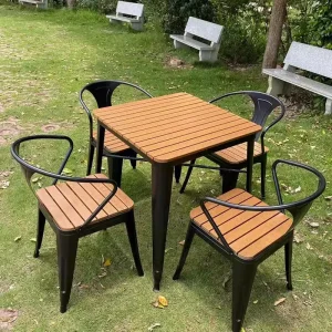 Industrial Restaurant Outdoor Dining Table with Two Chairs Wrought Iron Frame for Hotel & Park Use