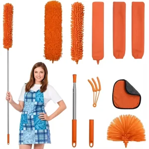 Interchangeable Feather and Microfiber Heads Telescopic Duster Set for High Reach Home Ceiling Fan Blinds Cleaning