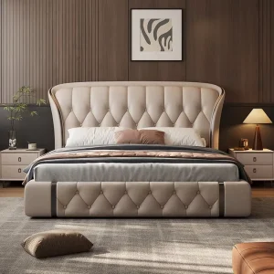 Italian Genuine Leather King-Size Upholstered Bed with Two-Tone Diamond Tufting