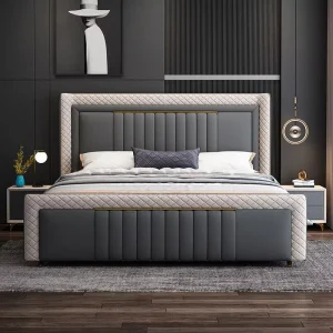 Italian Leather Modern King Size Storage Bed with Wooden Frame for Master Bedroom