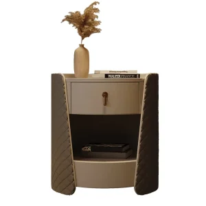 Italian Minimalist Round Nightstand Genuine Leather Handmade Solid Wood Top with 1 Drawer