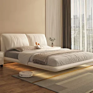Italian-Style Floating Double Bed with Suspended Nappa Leather Design