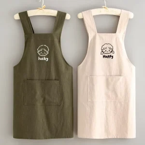 Japanese Style Custom Logo Linen Kitchen Cotton Bib Apron Plain Sleeveless with Pockets Reusable Solid Color