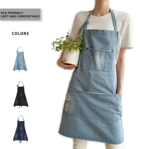 Japanese Style Personalized Logo Cross Back Adjustable Cotton Denim Kitchen Cooking Work Good Quality Jeans Apron