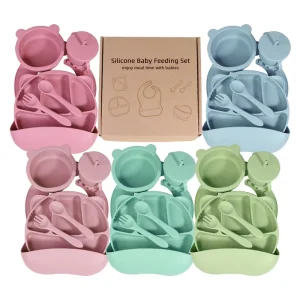 Kids Silicone Tableware Set with Plate Bowl Spoon and Fork for Baby Feeding